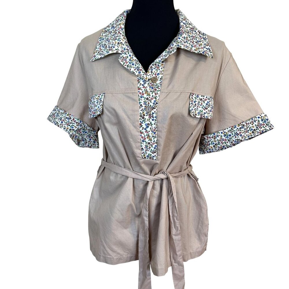 Vtg Womens 1970s Blouse Cotton Short Sleeve Shirt Floral Tie Belt XL Collar